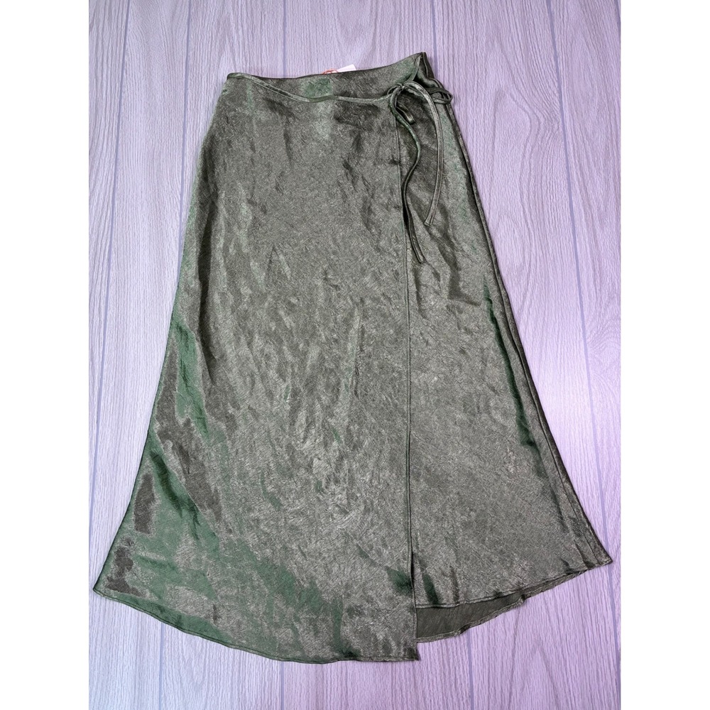 Skies Are Blue Olive Green Satin Tie Waist‎ Midi Skirt XSP Stitch Fix